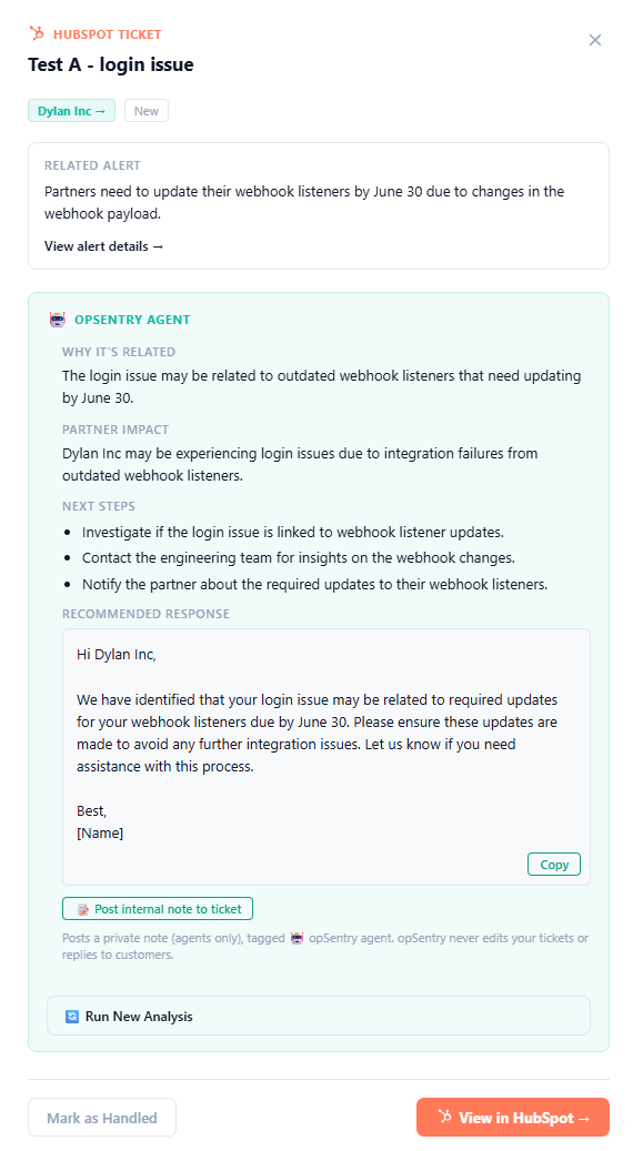 opSentry AI insight inside a HubSpot ticket: why it's related, partner impact, next steps, and a recommended reply