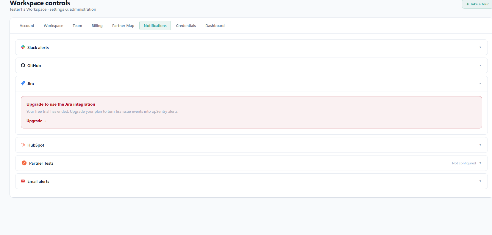 opSentry Settings integrations accordion showing connect options