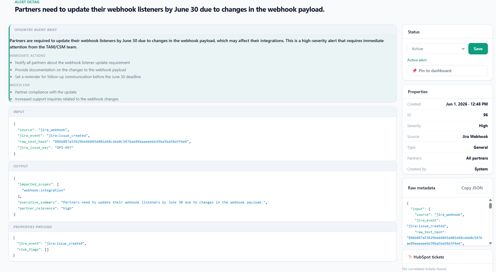 opSentry alert created from a Jira webhook event, with agent brief and raw payload