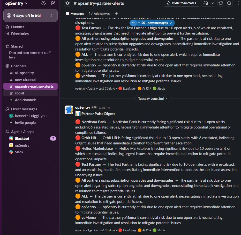 opSentry posting a Partner Pulse digest into a Slack channel with at-risk partners and health tiers
